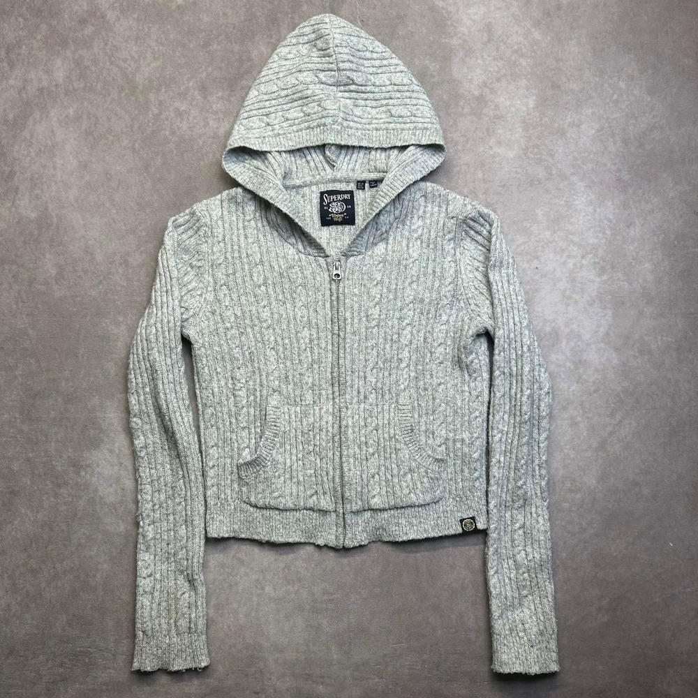 Superdry Vintage Thrift Grey Cable Knit Full Zip Hoodie Sweater US 6
